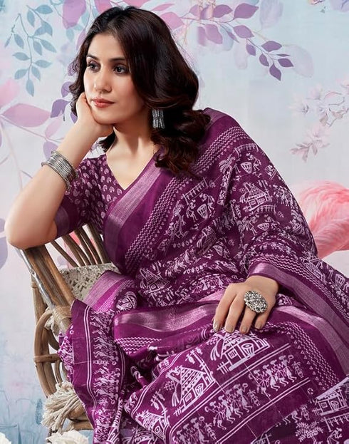 Siril Women'S Tassel & Printed Cotton Saree With Blouse